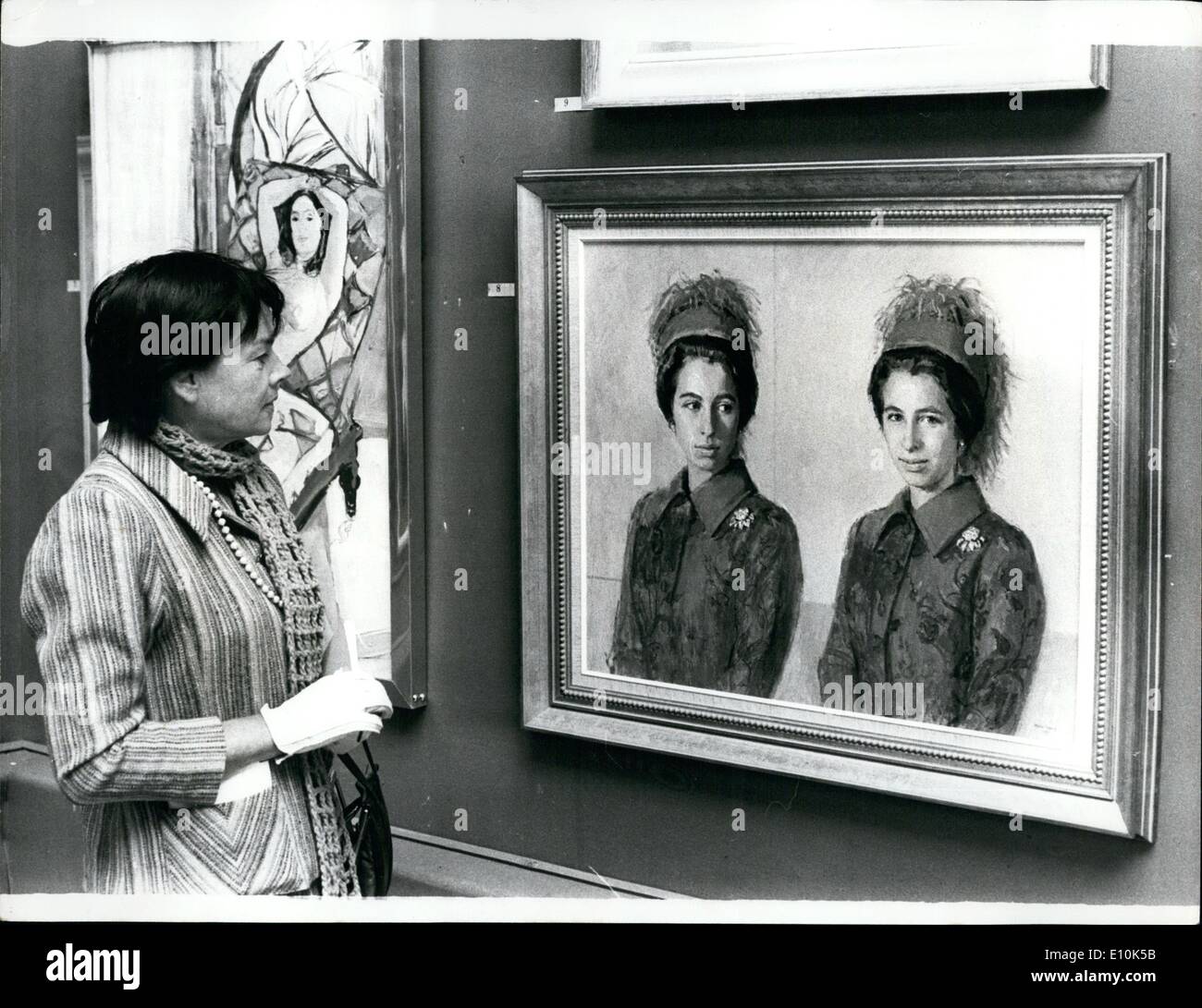 May 05, 1973 - Royal Academy Summer Exhibition: The Royal Academy summer Exhibition 1973 opens to the public tomorrow (May 5). Photo shows A visitor to the gallery looks at a double portrait of Princess Anne, by Michael Noakes. Stock Photo