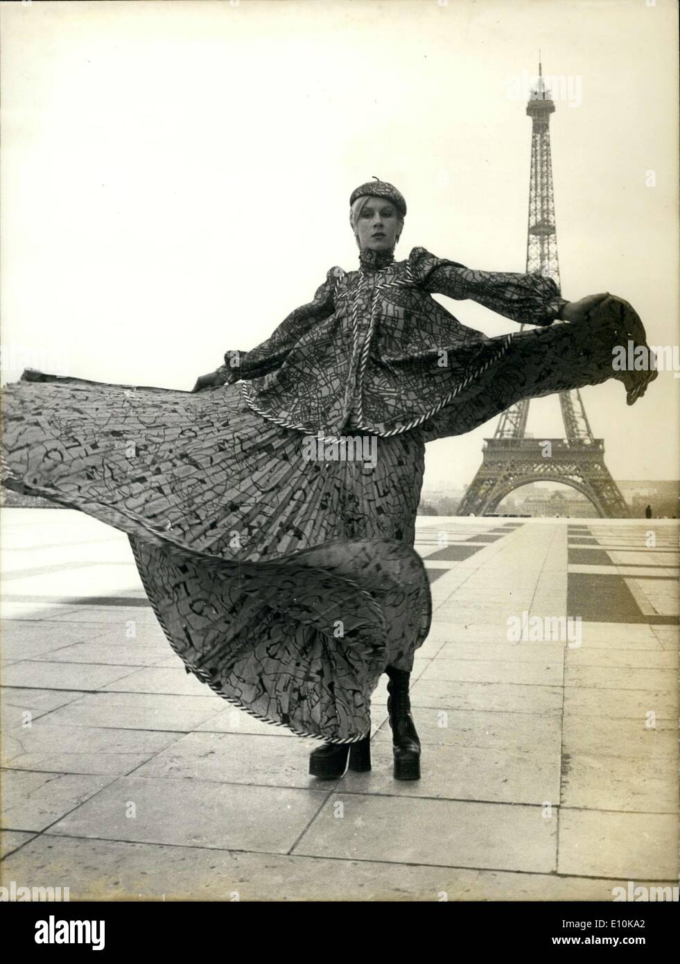 Apr. 03, 1973 - Britain's John Bates showed his winter collection for the first time in Paris. Here is his ensemble, ''In the Wind,'' with a print pleated jacket and skirt. Stock Photo