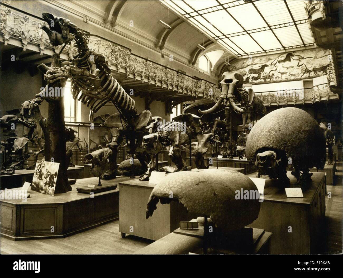 Apr. 04, 1973 - PREHISTORIC ANIMALS ON SHOW IN PARIS MUSEUM OF NATURAL HISTORY: PREHISTORIC ANIMALS CAN NOW BE SEEN IN THE NEWLY RESTORED OF PALEONTOLOGY AT THE PARIS MUSEUM OF NATURAL HISTORY. OPS: GENERAL VIEW OF THE NEWLY RESTORED HALL OF PALEONTOLOGY. ALSO A SKELETON OF MASTODON (MAMMOTH) AND A GIANT TORTOISE. Stock Photo