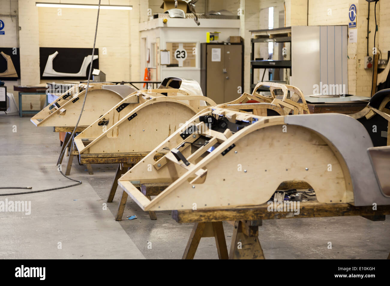 The wooden ash frames of cars being made at the Motors Car