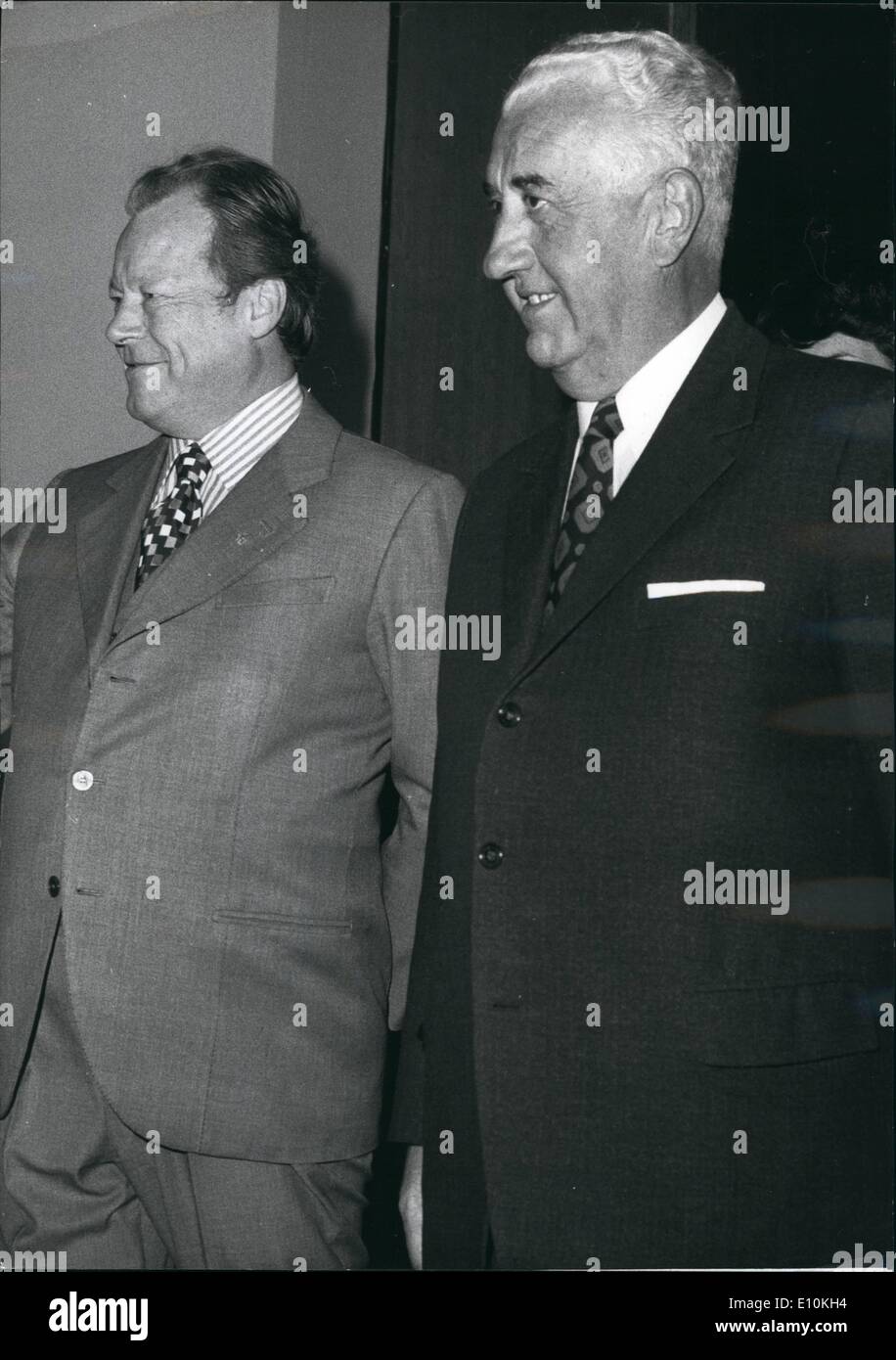 Apr. 04, 1973 - Chancellor Willy Brandt of German Federal Republic Visits Yugoslavia. Picture: Chancellor Willy Brandt, left, and Yugoslav Prime Minister Dzemal Bijedic, right, in Belgrade on April 16th. Chancellor Brandt's visit to Yugoslavia included political talks with Yugoslav Prime Minister, two-day talks with Yugoslav President Josip Broz, meeting with workers of Pula Shipyard etc. Stock Photo