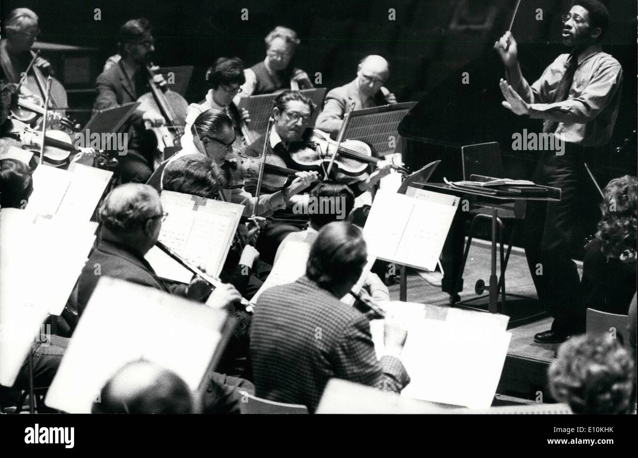 Apr. 04, 1973 - Black American conductor makes London debut with the new Philharmonic orchestra.: The black American conductor James Frazier Jnr, will make his London debut with the New Philharmonia Orchestra, at the Royal festival hall tomorrow night. He was rehearsing there today. Photo shows view showing James Frazier Jnr conducting the orchestra, during today's rehearsal. Stock Photo