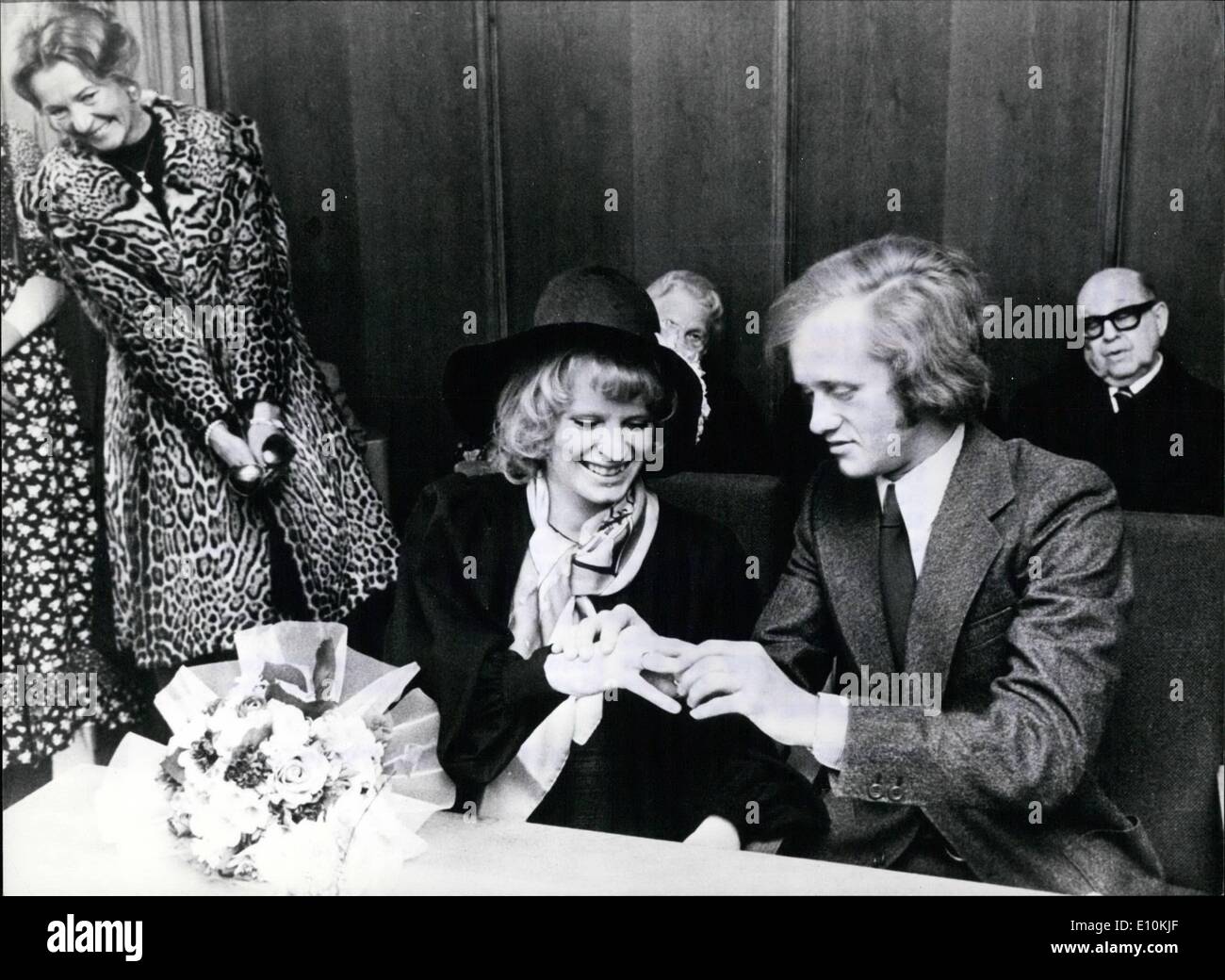 Apr. 04, 1973 - Katarina Ziandt and Wolfgang-Peter Geller are excahanging rings. The young husband got to know his pretty and very rich wife at work,in the editor's office of a Hamburg newspaper. He works there as a photographer (last year he received a ''Golden 'Z'ye'' at the World--Prose Photo--Contest) she worked there as an assistant. The young woman is the daughter of Harald Quandt, the stepson of Josef Goebbels, who died six years ago in a place accident. Together with his brother Herbert he was the owner of the Quandt Group Stock Photo