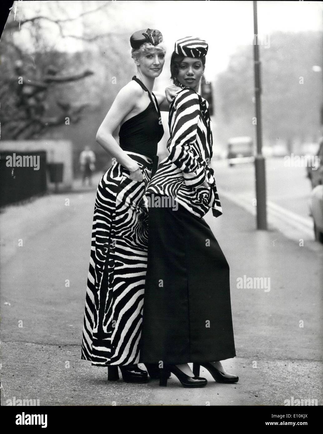 Apr. 04, 1973 - Tsaritsar Autumn/Winter fashion collection shown at the Hyde Park Hotel. Photo shows Model Vicki Hodge wears a black silk jersey halter top over a Zebra printed long skirt (left) and model Hazel wearsa zebra print wrap jacket over a black crape long skirt, two of the collection shown today. Stock Photo