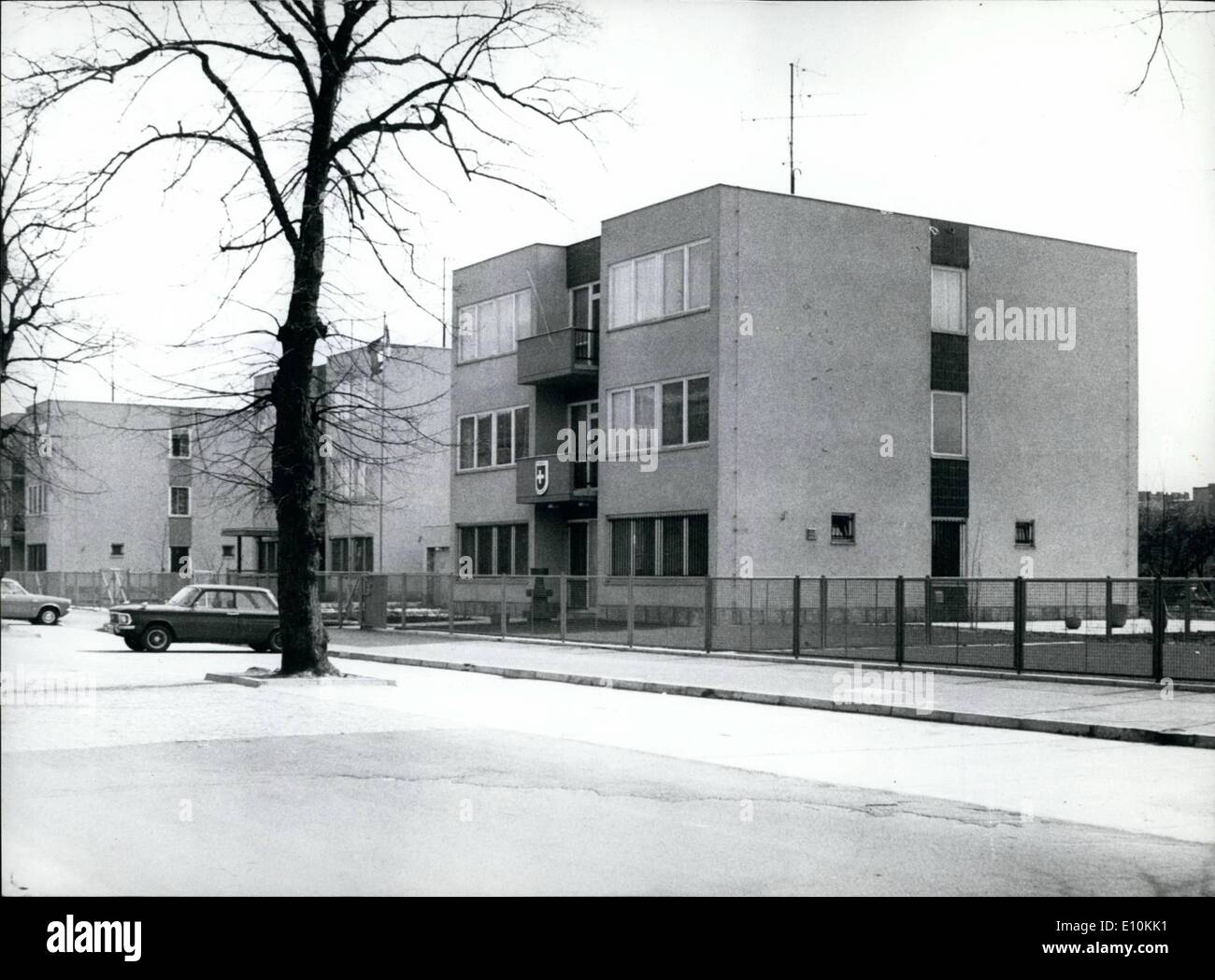 Apr. 04, 1973 - Swiss Embassy in East Berlin: After the great wave of Diplomatic Recognition for the German Democratic Republic, there is now a wave of building activity. The new Diplomatic quarter is on a esplanade in the Pankow district. The first buildings finished are already occupied. Photo shows in the foreground, the Swiss Embassy. Stock Photo