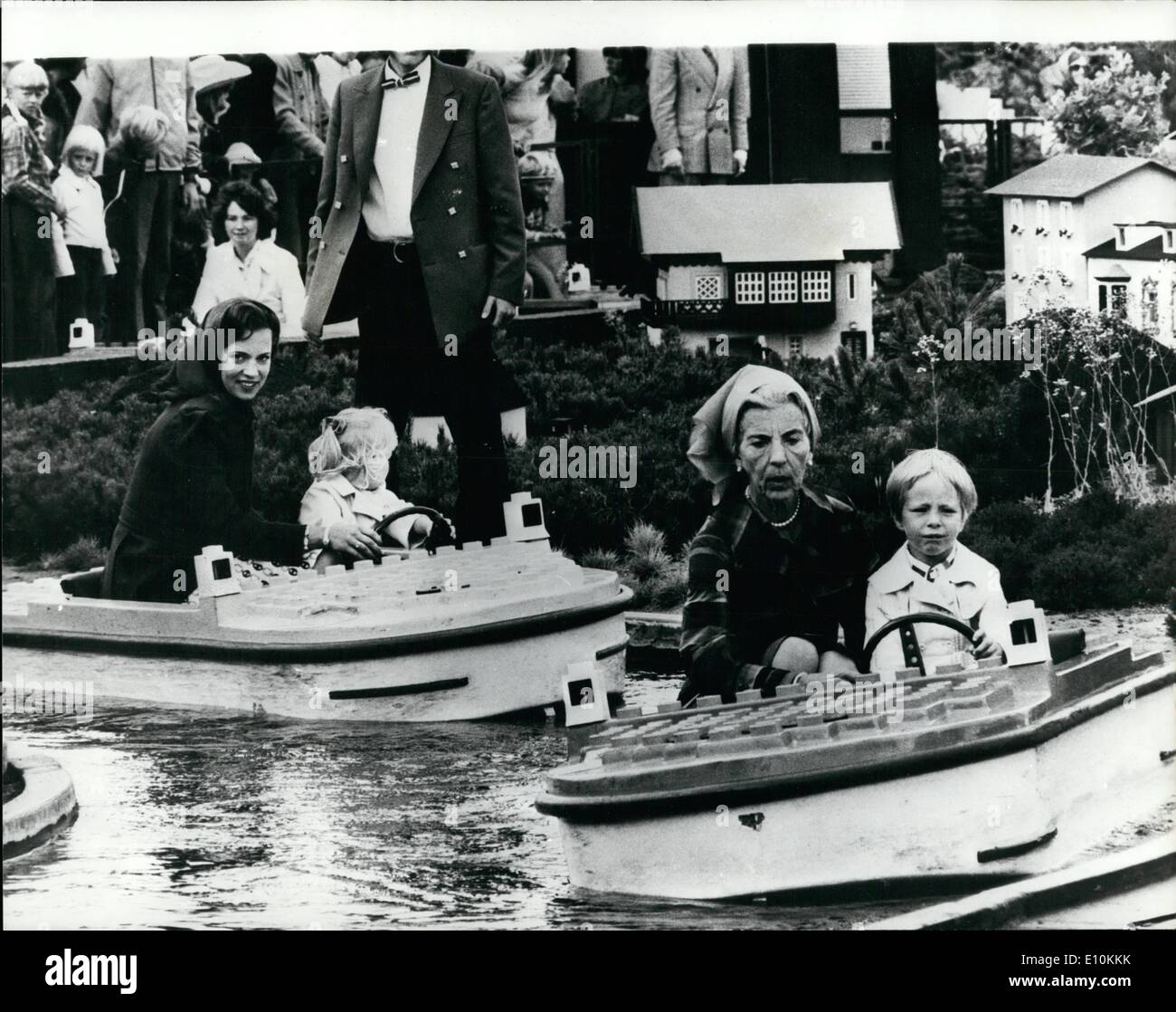 Jul. 07, 1973 - Royal fun Queen Ingrid and Princess Benedikt of Denmark recently went along to the Lego-labd amusement park in Jutland. with them were Princess Benedikt and prince Richards children, Gustave and Alexandra , and queen Margrethe and prince Henrik's children, crown prince frederik and prince Joachim. photo shows Little prince Gustav seen at the steering wheel, getting a little help from grandmother, Queen Ingrid, behind them are princess benedictine and Princess Alexandra. Stock Photo
