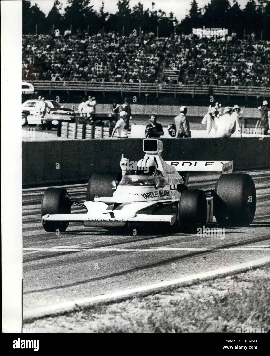 Jun. 06, 1973 - DANNY HUME OF NEW ZEALAND WINS THE SWEDISH GRAND PRIX DENNY HUME the New Zealand racind driver driving a Mclaren won the Swedish Grand Prix in Anderstorp Sweden on Sunday. Photo Shows DENNY HUME seen crossing the line to win the Swedish Grand Prix,2nd was Ronnie Peterson,of Sweden,and third Francois Cevert of France. Stock Photo