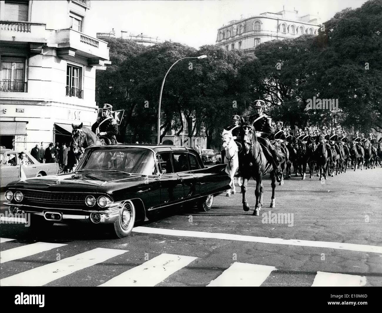 Jun. 06, 1973 - Cuba's New Ambassador On Way To The Casa Rosada: Argentina's people's government headed by President Campora invited Cuba to restablish diplomatic relations and Cuba was delighted. Here is a scene taken in Buenos Aires, Argentina, June 29th, 1973 showing Aragones Navarro to the Gov. Hose accompanied by the traditional ''granaderos a caballo'', to present credentials. Stock Photo