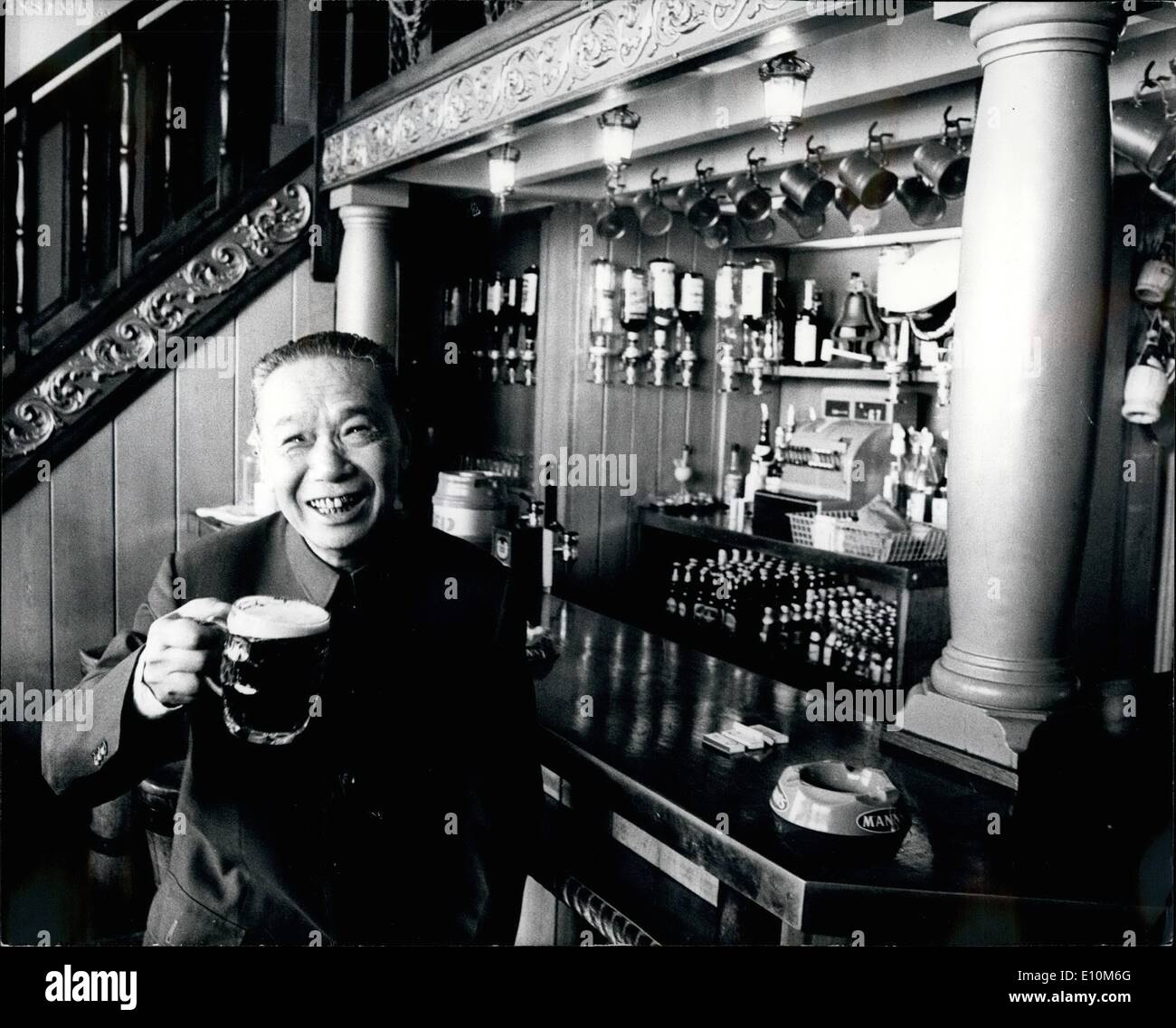 Jun. 06, 1973 - Mao's Foreign Minister downs a British Pint. Photo shows Sightseeing in London after two days of talks with British Ministers, Chi Peng-fei, the Chinese Foreign Minister, relishing a pint of beer bought for him by photographers at the Trafalgar Tavern, Greenwich, yesterday.He had just visited the National Maritime Museum. Stock Photo