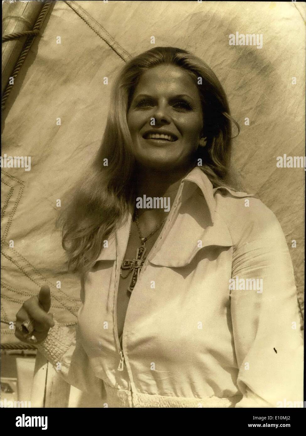 Jul. 16, 1973 - Karin Schubert, the star of ''La Punition,'' directed by Pierre-Alain Jolivet, came to spend a few days on the French Riviera. Here she is walking on the ''Siesta'' in Antibes. Stock Photo