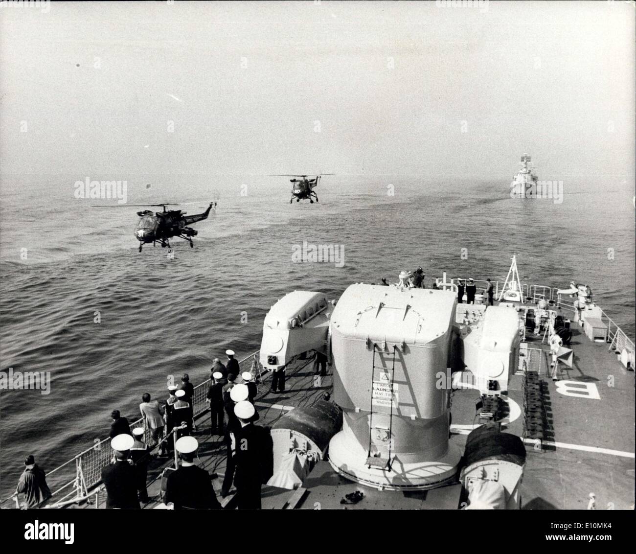 Jul. 24, 1973 - NATO Martime Demonstration (Exercise Sally Forth) A major demonstration of maritime power arranged any the ministry of defence Ministers of the NATO countries, took place today of the East Coast of Scotland. The demonstration in which some 25 British Ships and 60 aircraft took part, included: air operations from HMS Ark Royal, air to surface attacks by RN and RAF aircraft; anti-submarine exercise by frigates, Sea King helicopters and Nimrod aircraft; there was an amphibious warfare demonstration with Royal Marines from the Commando Carriers HMS Bulwark and the assault ship HMS Stock Photo