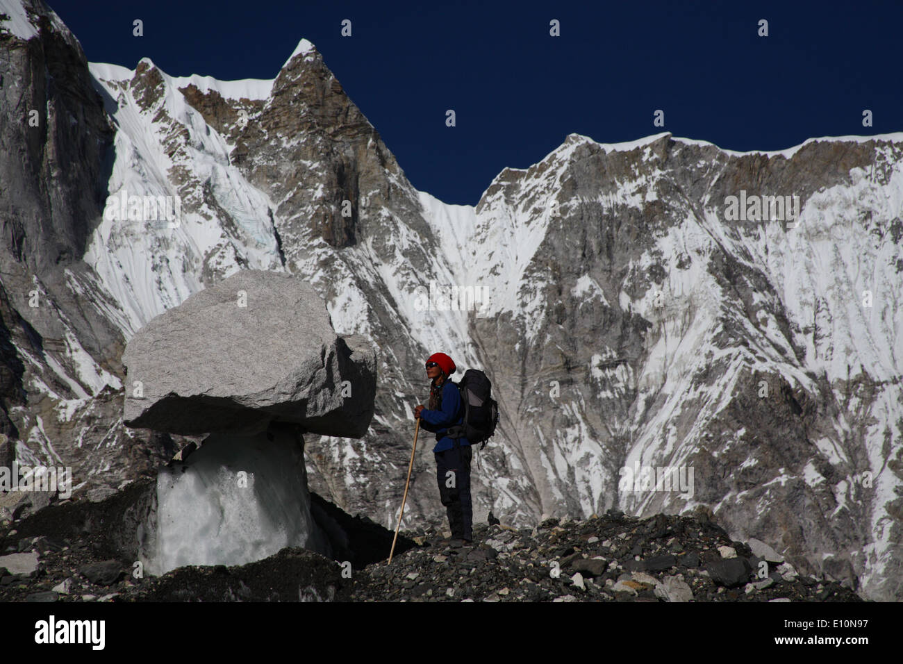 Trekking in the Khumbu Ice Fall near the Everest Base Camp Stock Photo