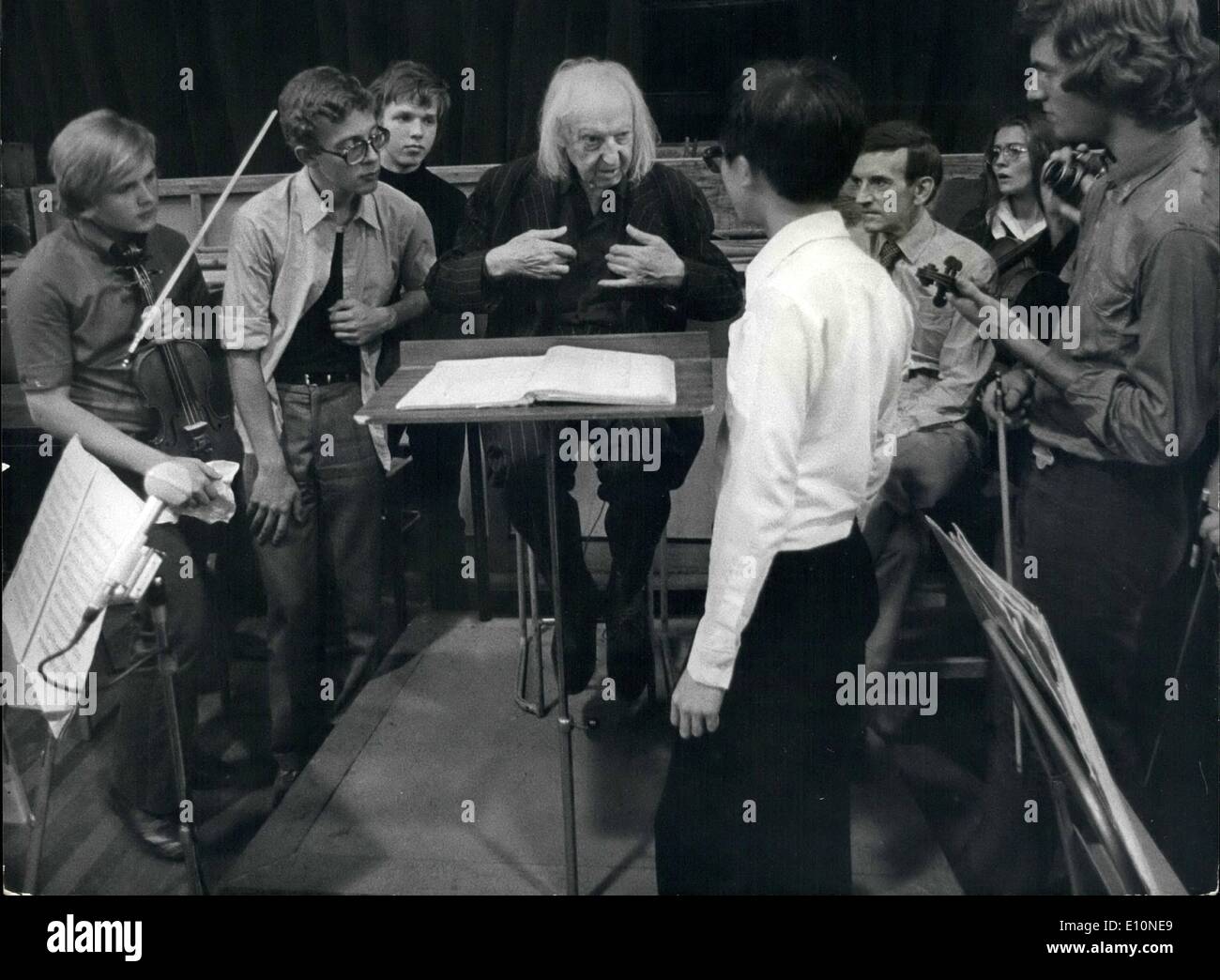 Aug. 08, 1973 - LEOPOLD STOKOWSKI AT REHEARSALS. LEOPOLD STOKOWSKI, 91, has a keen audience during rehearsals in London yesterday for the International Festival of Youth Orchestras' grand finale which he will conduct at the Royal Albert Hall tomorrow. Stock Photo
