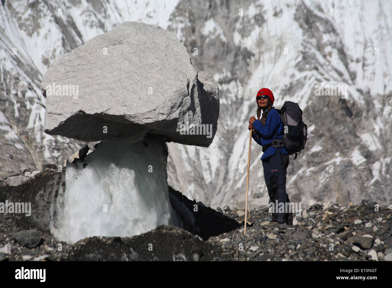 Trekking in the Khumbu Ice Fall near the Everest Base Camp Stock Photo