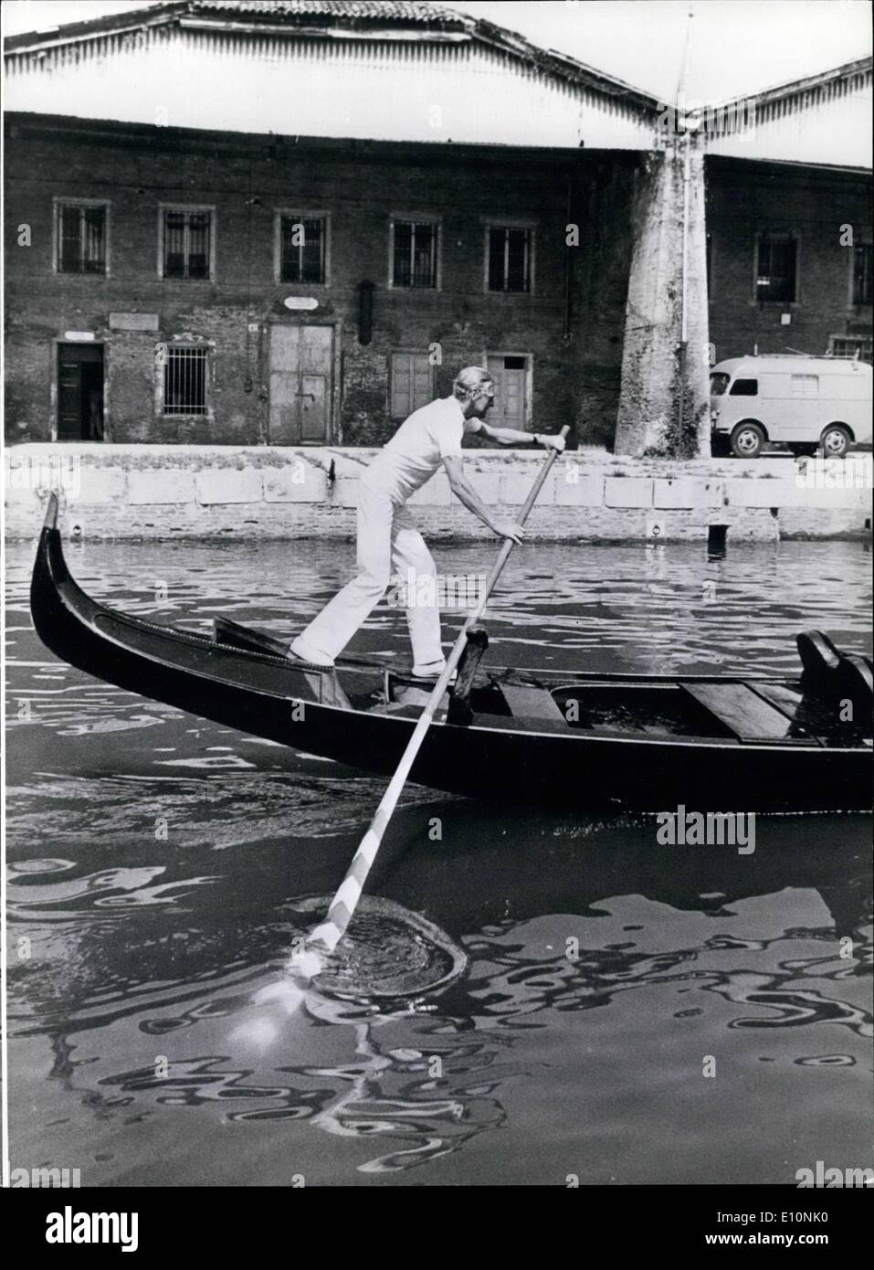 Jul. 07, 1973 - Journalist Wolf Mittler became honorary gondolier. No foreigner until now has had a chance to receive this title except him yet. The well known German radio journalist from Munich was now able to show his friends proudly his new gondola license upon returning from Venice. After finishing a feature story on gondolas in the city of the lagoon, he simply could not resist temptation to try to become a genuine gondolier. Successfully he has passed the strict examinations by a commission of eight gondoliers. Now Wolf Mittler is able to move the 11 Stock Photo