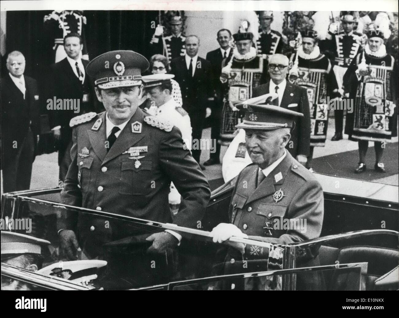 Jul. 07, 1973 - President of Paraguay in Madrid. Photo shows Mr. Alfredo Stroessner the President of Paraguay, (left) seen driving with General Franco through the streets of Madrid from the Airport on the way to the Cibeles Square, where the President recieved the Keys of the City. Stock Photo