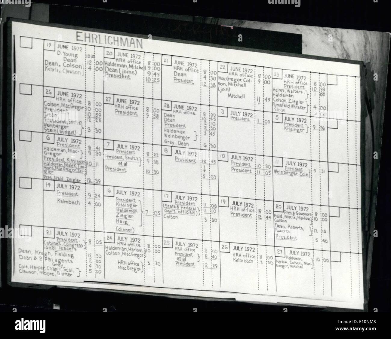 Jul. 07, 1973 - CONSOLIDATED NEWS PICTURES Ehrlichman's Appointment Log. Washington, D.C. 7/25/73..Photo above shows the Appointment calander of former Presidential Advisor John Ehrlichman at the Watergate hearings today.. The calander shows meetings with President Nixon and other figures that have at one time or another testified before the committee Ehrlichman defends the breakin of Daniel Ellsbergs psychiatrist's office as legal for National Security reasons but denied that the knew of the breaking and entering. Stock Photo