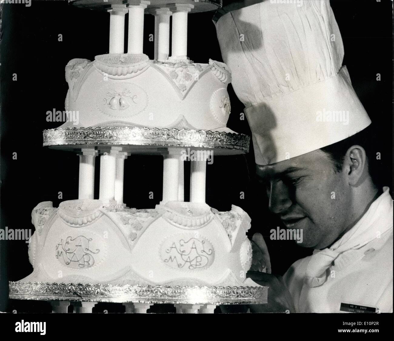 Nov. 09, 1973 - November 9th 1973 The Army catering corps at Aldershot make Princess Anne's wedding cake. The Army Catering Corps at Aldershto have made the official cake for the wedding of Princess Anne to Captain Mark Phillips next Wednesday. The honour of designing and making the cake was vested in Warrant Officer David Dodd, who is instructor at the Army School of Catering at Aldershot. It is a 5-tier cake, standing 5-foot, 8 inches high, has a 22-inch diameter base and weighs approximately 145 lbs Stock Photo