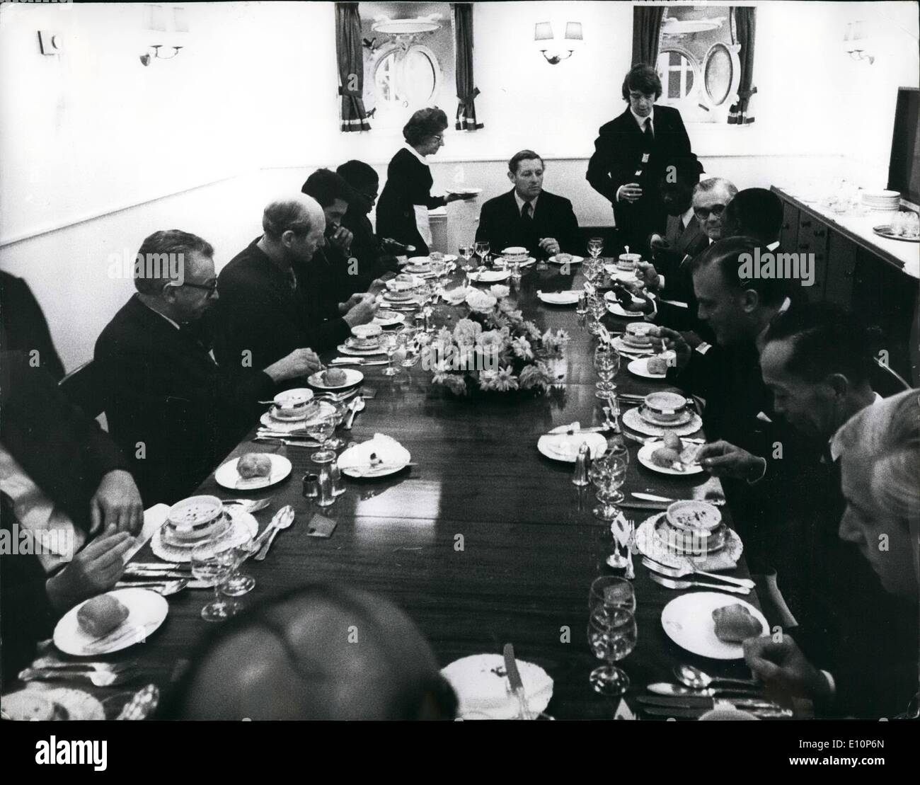 Sep. 09, 1973 - Overseas Naval Chiefs entertained to lunch by first sea Lord: Naval Chiefs of Staff in Britain for the Royal Navy Equipment Exhibition being entertained to lunch by Adml. Sir Michael Pollock, Chief of the Naval Staff and First Sea Lord, aboard the cruiser Belfast, in the Thames yesterday. From left: Rear Adml J. Van Dyck, Belguim: Adml Pollock; Capt. B. Djedidi, Tunisia; Captain de Fregate Kwima, Zaire; Capt. D.G. Armytage, Naval Assistant to the First Sea Lord: Capt. C.K. Dzang Ghana; Lt - Col P.S.D. Griffin, guest of the First Sea Lord; Rear Adml N.B Stock Photo