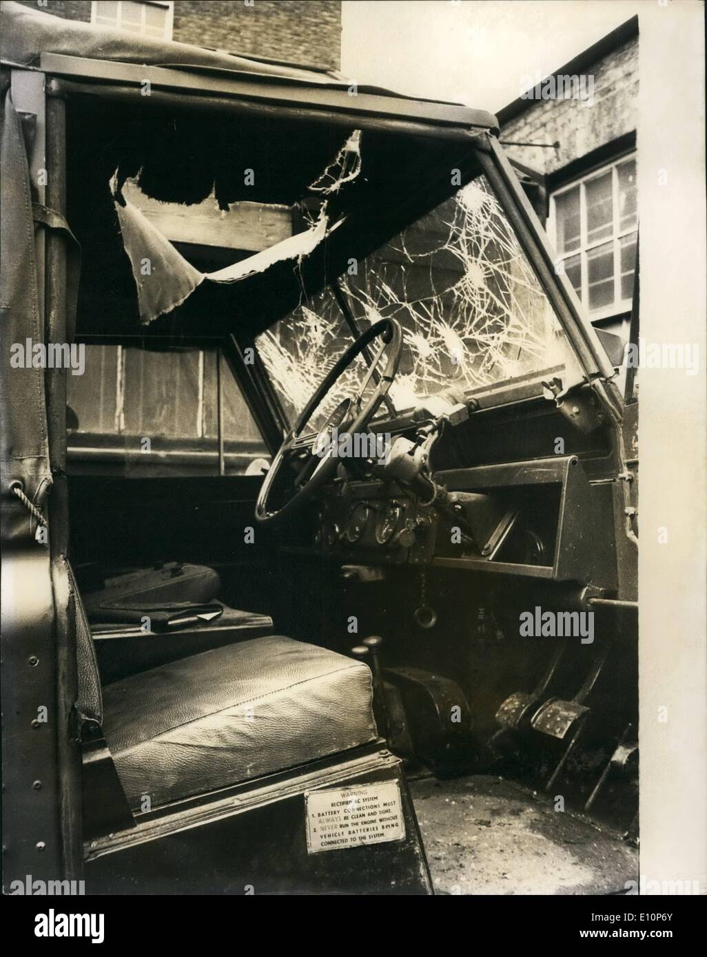 Sep. 09, 1973 - Bomb Explosion At Barracks In Chelsea. Five people were injured and several Army vehicles damaged, when a bomb exploded in a garage at the Duke of York Barracks, in Kings Road, Chelsea. Keystone Photo Shows:- One of the damaged Army vehicles, after the explosion. Stock Photo