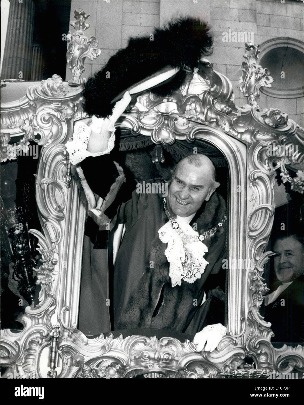 Nov. 11, 1973 - The Lord Mayor's annual spectacular show: It was carnival time in the City of London today when the annual spectacular Lord Mayor's Show came to town. Sir Lindsay Ring, the City's 648th Lord Mayor, made ''Young at Heart'' the theme for his procession. Photo shows London's new Lord Mayor, Sir Lindsay Ring, looks resplendent as he learns from his golden state coach before moving off in the procession today. Stock Photo