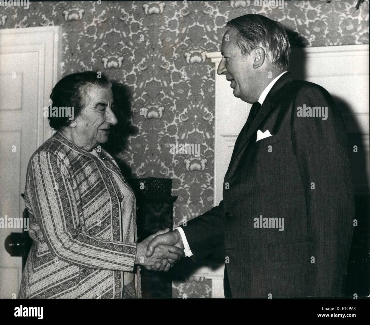 Nov. 11, 1973 - Mrs. Golda Meir meets Mr. Heath. Mrs. Golda Meir, the Prime Minister of Israel, today met Mr. Edward Heath, Britain's Prime Minister at No. 10, Downing Street. Photo shows Mrs Golda Meir shakes hands with Mr. Heath , when they met at No, 10 Downing Street today. Stock Photo