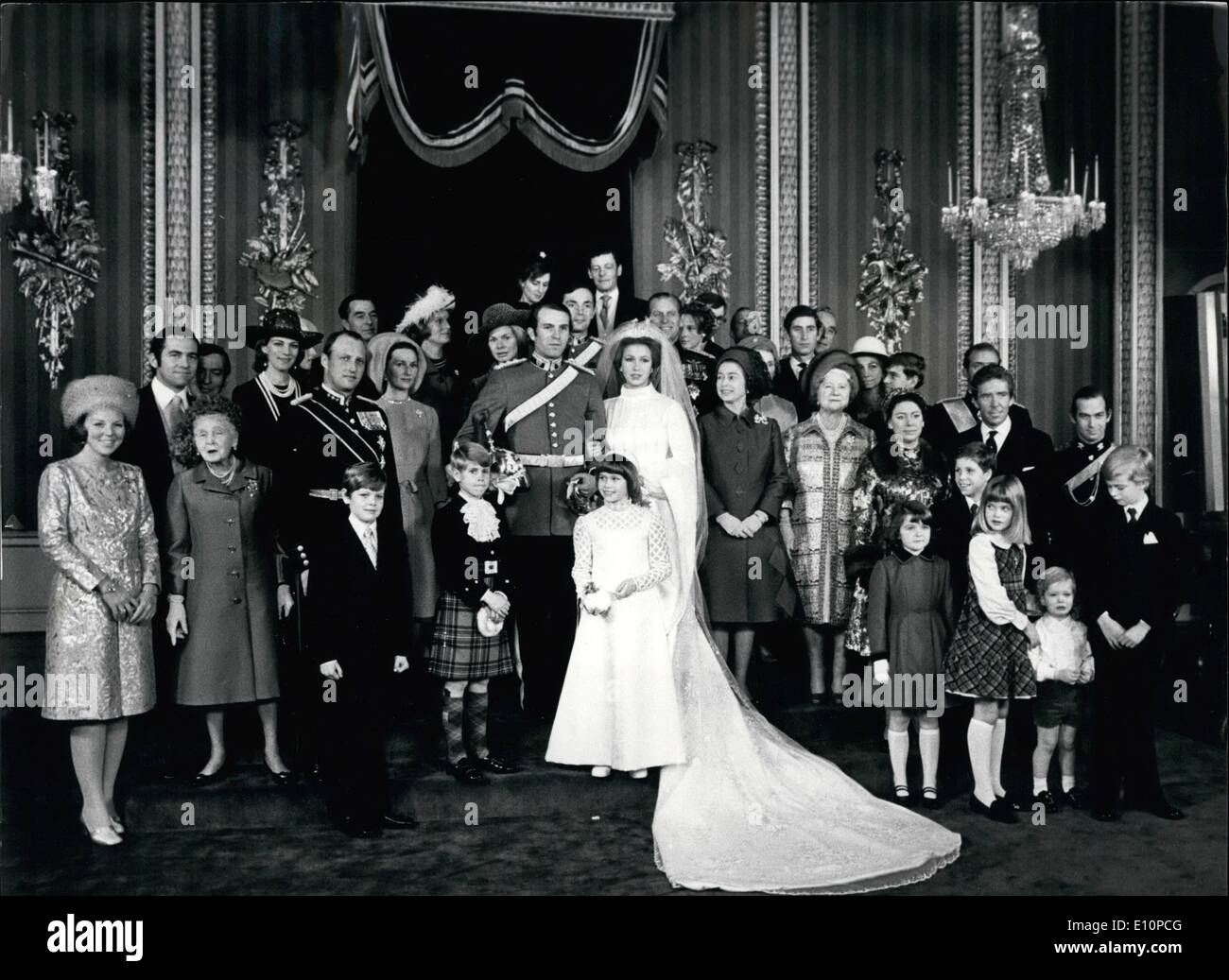 Nov. 11, 1973 - Royal Wedding. Photo shows Family group in the Throne Room at Buckingham Palace. From left to right: back row Princess Alexander, Hon Angus Ogilvy. Next row forward: Miss Sarah Phillip (obscured) Mr Phillips, Mrs Phillips, Duchess of Kent, Eric Grounds best man, Duke of Edinburgh, Princess and Prince Richard Duke of Kent, Prince of Wales and row with bride and groom: King Constantine, Prince Claus, Queen and Marie Prince and Princess of Norway, Bridegroom and Bride the Queen, The Queen Mother and Prince Andrew with behind them Duchess of Gloucester Stock Photo