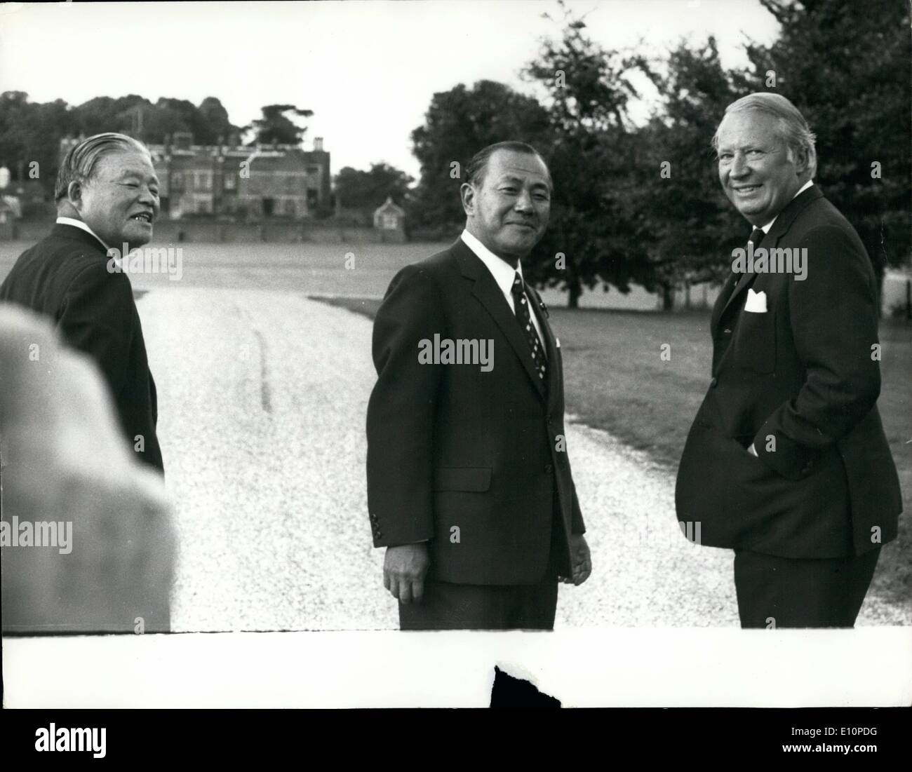 Sep. 09, 1973 - Mr. Tanaka the Japanese Prime Minister Has Talks with Mr. Heath at Chequers The Prime Minister of Japan Mr. Tanaka who arrived on London for a four day visit yesterday, was meet at Heathrow Airport by the British Prime Minister Mr. Heath, then they left for Chequers for their first round of talks. Photo Shows: Mr. Heath and the Japanese Prime Minister Mr. Tanaka seen as they arrived at Chequers yesterday. Stock Photo