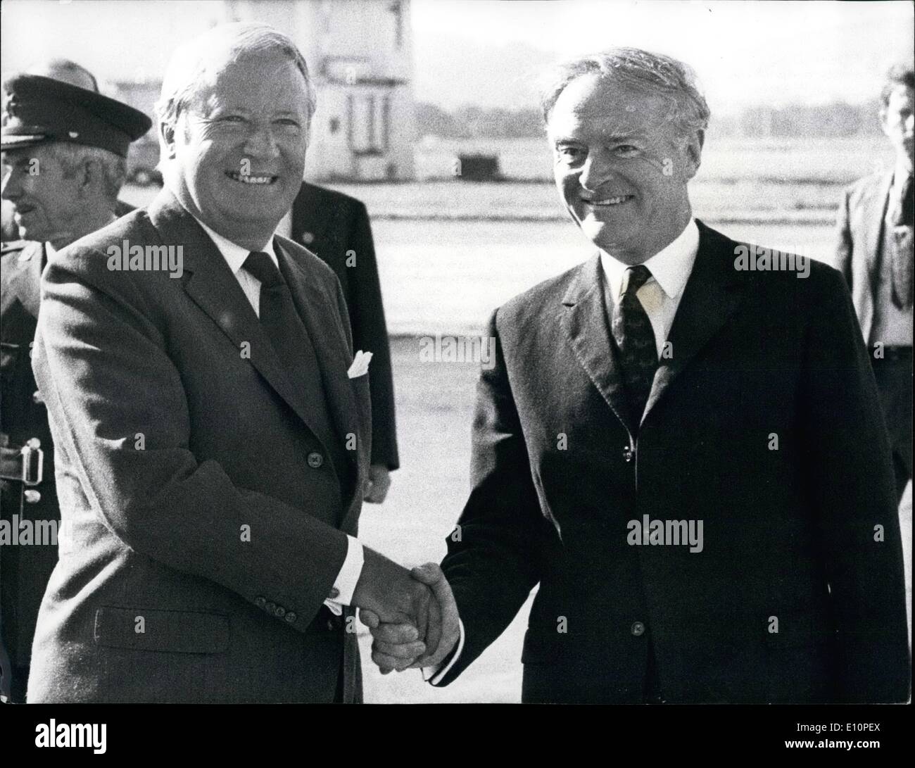 Sep. 09, 1973 - Mr. Heath, the Prime minister, yesterday visited Dublin, where he had talks with Mr. Liam Cosgrave, Prime Minister of Eire. Photo Shows Mr. Heath ( left ) being greeted by Mr. Cosgrave, at Baldonnell military airfield, near Dublin yesterday. Stock Photo