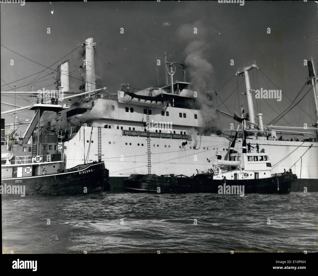 Nov. 11, 1973 - Six Dead In Fire-Swept Cargo Ship: Smoke pouring from the West German cargo ship, Cap San Antonio, off Dover yesterday after firemen, who landed on her deck by helicopter, had found the bodies of four crew members and two passengers in their cabins. Two of the injured crew were taken off by tugs and lifeboats, and the remainder stayed on board to help bring the fire under control. Stock Photo