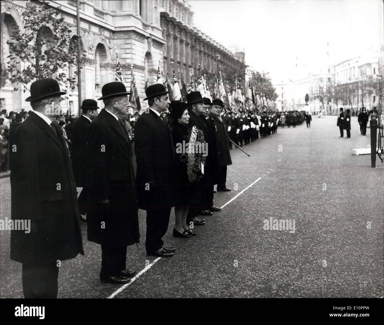 Nov. 19, 1973 - National Jewish Remembrance Service And Parade. About 6,000 Jewish Ex-Servicemen and Women took part in yesterday's National Jewish Remembrance Service and Parade at the Cenotaph. Photo Shows:- In centre of the group at the Cenotaph yesterday is Sq/Ldr. Stanley Brilliant and Captain Jessica Blooman, who jointly laid a wreath at the Cenotaph. Stock Photo