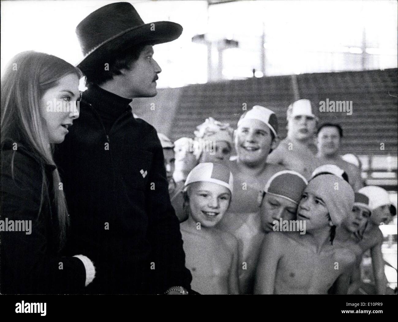 Nov. 21, 1973 - Famous Swimming Athlete Mark Spitz pays visit to Munich One year after the Olympic Games - The Phenomenul Winner of Seven Gold Medals Cams now to visit Munich and the Olympic site of his great triumph again. This time, however, he was accompanied by his pretty wife whom he showed around making her familiar with the Olympic sute - Mr. and Mrs. Mark Spitz are presently on a PR Tour through Europe to propagate a pair of Swimming trunks which were invented by Mark Spitz himself. Their stay in the Bavarian Capital, though, was strictly a privateone. OPS: Mr and Mrs Stock Photo