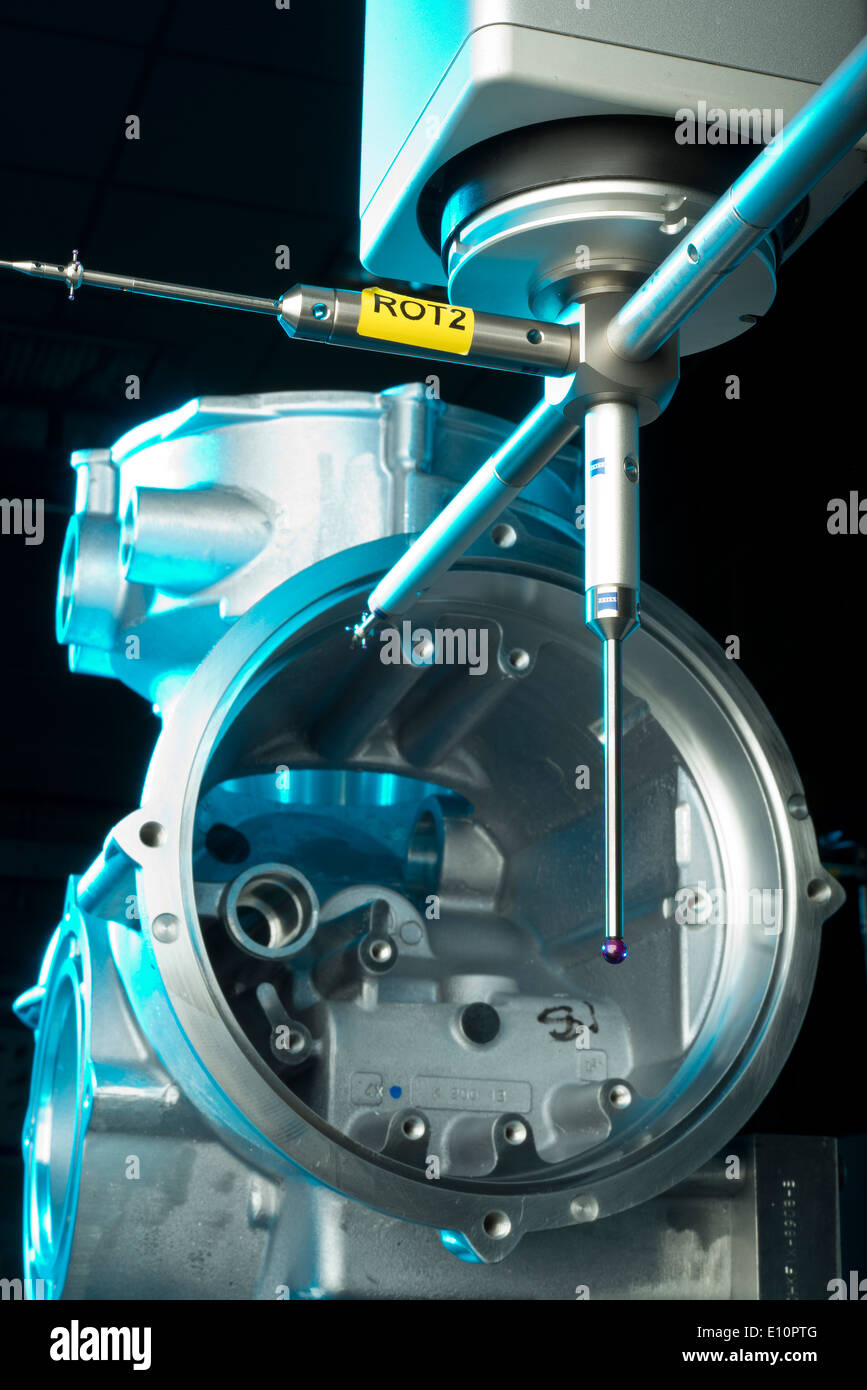 Air compressor housing being tolerance tested for precision engineering