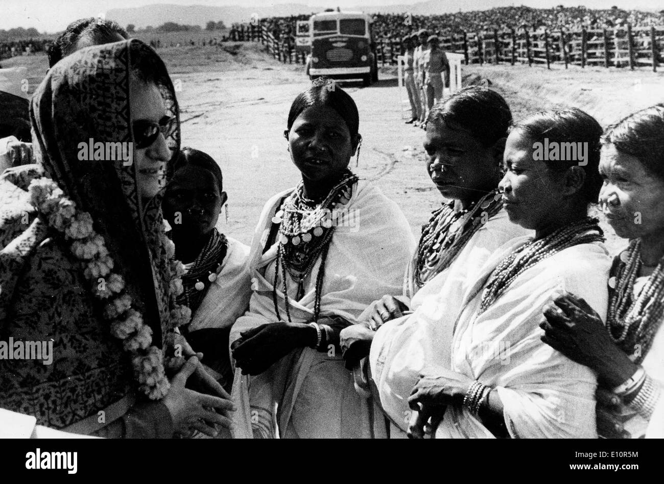 Prime Minister Indira Gandhi is welcomed by tribal women Stock Photo