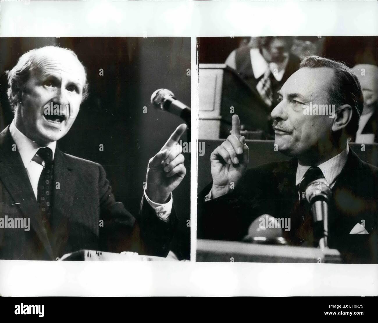 Oct. 10, 1973 - Chancellor Anthony Barber Attacks Enoch Powell At the Conservative Party Conference at Blackpool: Mr Anthony Barber, the Chancellor of the Exchequer, yesterday made a ferocious attack on Enoch Powell during the Conservative Party Conference at Blackpool, when he called Mr. Powell- a conceited, Arrogant and frustrated fanatic.Photo Shows Mr. Anthony barber (left) pictured during his dramatic speech attacking Mr. Enoch Powell(right) when both spoke at yesterday's conference. Stock Photo