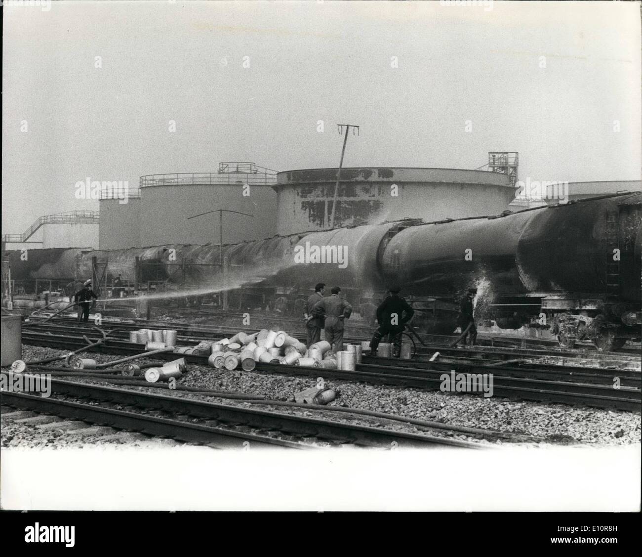 Oct. 10, 1973 - Langley Oil Depot Blaze. From about 5 O'Clock night until about 2 A.M. this morning 680 tons of high grade petrol and 370 tons of diesel fuel in 13 rail tankers blazed away. At the height of the blaze flames threatened to spread and ignite more than a million tons of fuel in six giant storage tanks. This massive all night fuel fire was at the small town of Langley, Bucks, In the total Oil Company's biggest fuel depot in Britain and supplies Heathrow Airport and all Southern England with petrol and Oils Stock Photo