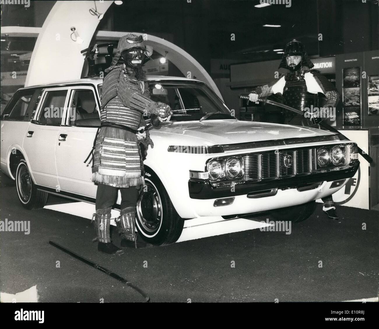 Oct. 10, 1973 - Motor show 73' at Earls Court. Photo shows two warriors, Resplendent in 300 year old Japanese fighting Armour stand guard over the new Crown 2600 custom Toyota Estate at the press preview Earls Court today. Stock Photo
