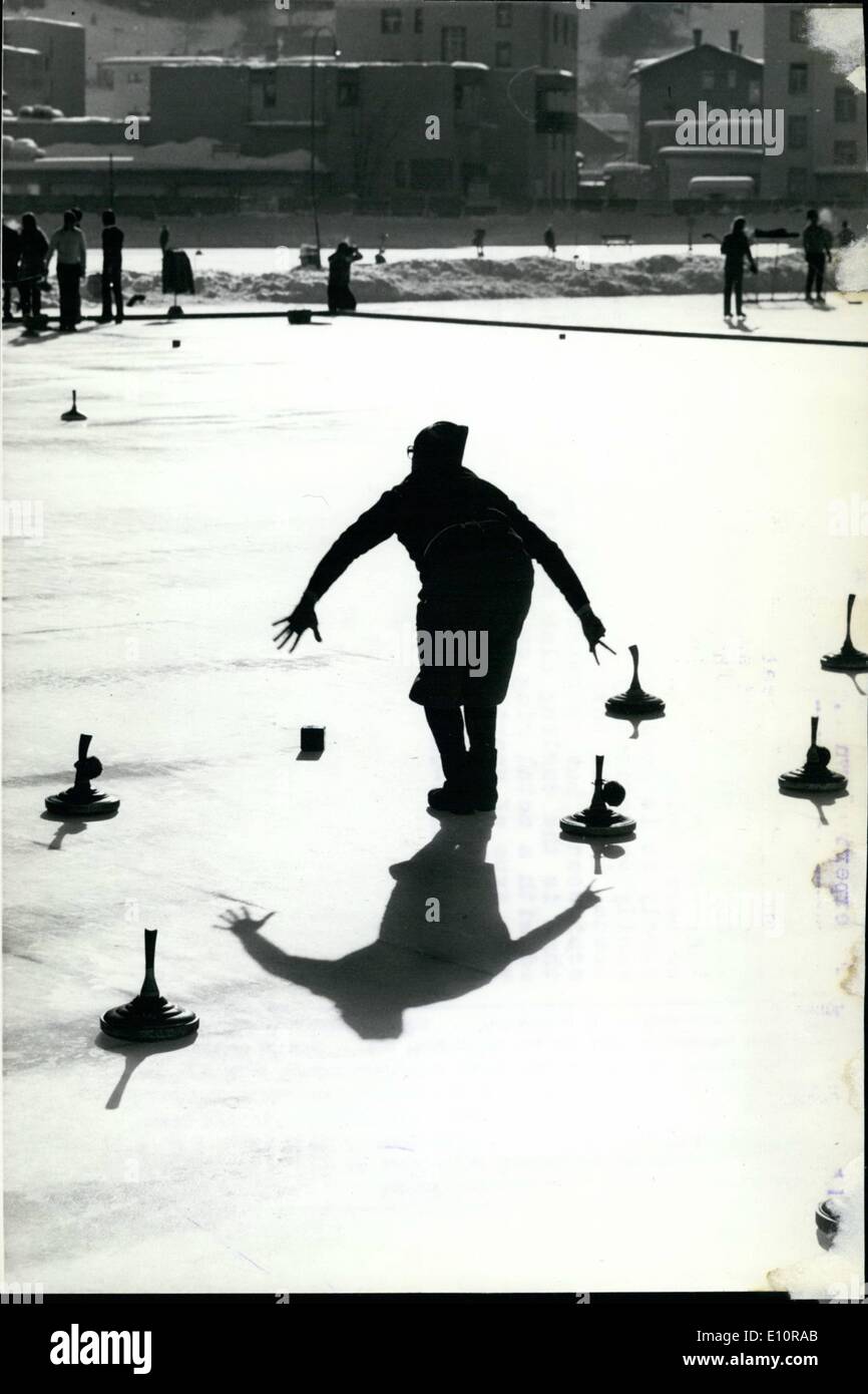 Dec. 12, 1973 - If winter's chores molest you too much, perhaps you should take to curling instance, just as this agile gentlemen, pictured here, doing. Surely it is good exercise making also lots of fun as can easily be noticed by taking a good look at the curling scene, i.e. the Bavarian type of it called ''Eisstockschiessen''. The ''Esisstock'' is somewhat differently shaped than is the curling club and it is made of hard wood, rimmed with a metal ring on the disk's circumference. This type of sport is in Germany highly favoured especially by the older generation. Stock Photo