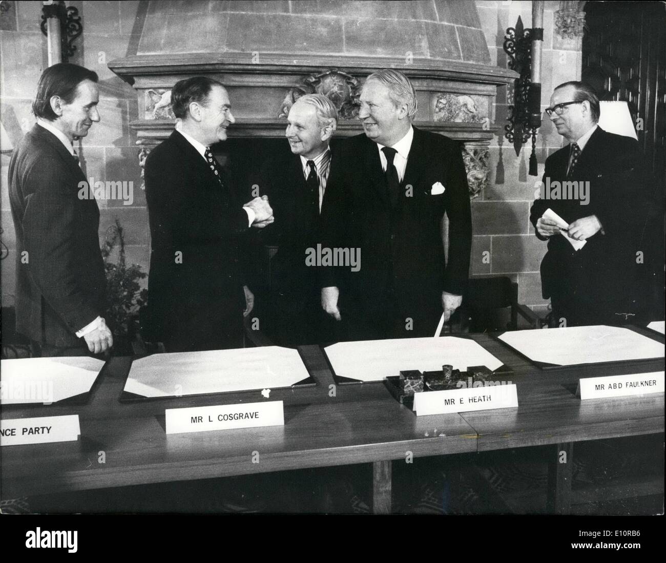 Dec. 12, 1973 - Council of Ireland Agreement.: Agreement on a Council of Ireland - with a core of seven Minister from Eire and seven from Ulster - was reached at the end of talks between political leaders from London, Dublin and Belfast, at Sunningdale last night. After more than 50 hours of bergaining Dublin and Belfast signed and exchanged copies of an agreed communique. The signatories were Mr. Heath. Mr. Cosgrave, Eire's Premier. Mr. Failkner, Chief Executive Designate of Northern Ireland, Mr. Gerry Fitt, leader of the Social Democratic and Labour Party and Mr Stock Photo