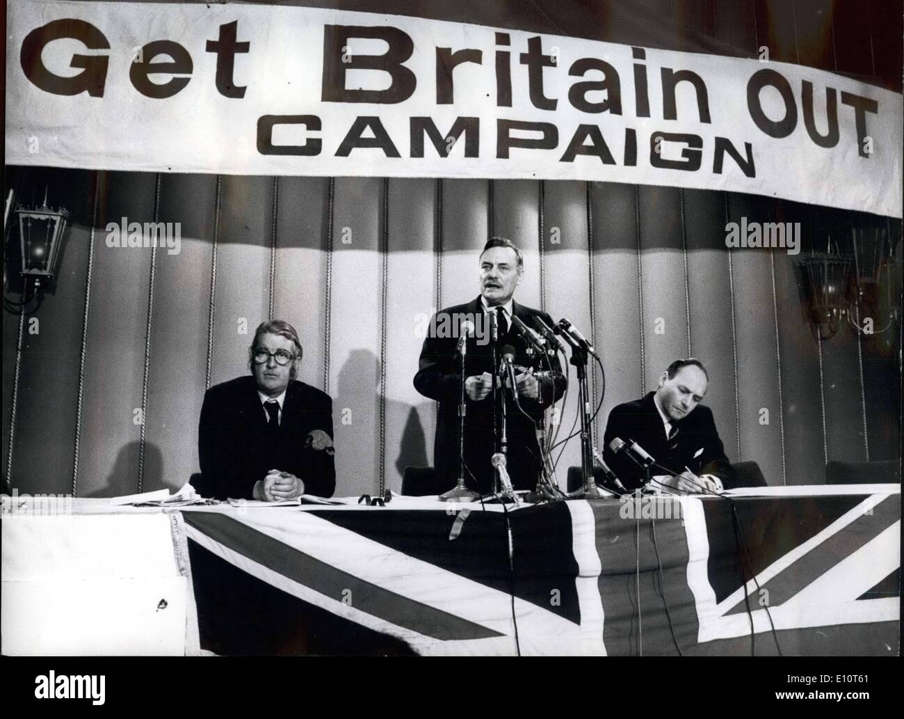 Feb. 02, 1974 - REBEL TORY ENOCH POWELL INDICATES THAT PEOPLE OPPOSING THE COMMON MARKET SHOULD VOTE LABOUR. MR. ENOCH POWELL, the rebel Tory, made another attack on the Prime Minister when he made- a major speech at a Birmingham rally today (Saturday), organised by the Get Britain Out Campaign, an anti- Common Market movement. He indicated clearly that people opposed to Britsinos Common Market membership should vote Labour in the Genera) Vlection so as to disentangle Britain from the Common Market. It is time, he said, to put apnntry before Party. PHOTO SHOWS:- MR Stock Photo