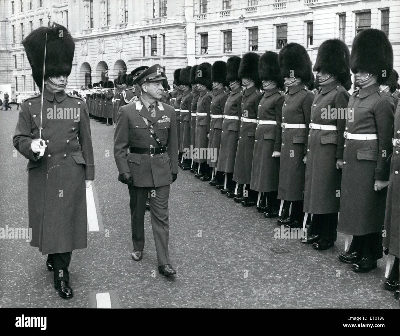 Mar. 03, 1974 - Inspector-General of Norwegian Army visits Ministry of Defence: Major-General O.J. Bangstad, Inspector General of the Norwegian Army, inspecting a Guard of Honour formed by the 2nd. Battalion Coldstream Guards, when he visited the ministry of Defence in London yesterday. Stock Photo
