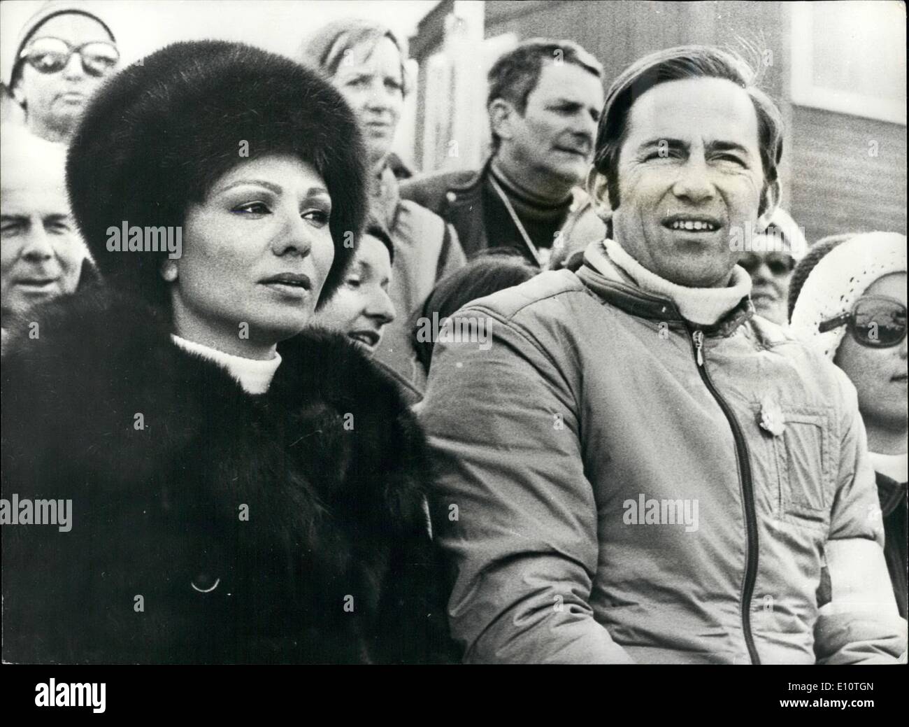 Feb. 02, 1974 - Sable Fur for Farah Diba.: Among the prominent spectators at the Alpine Ski World Championships in St. Moritz, were Empress Farah Diba of Iran, in sable fur coat and matching hat, and the exiled Ex-King Constantine of Greece. Stock Photo