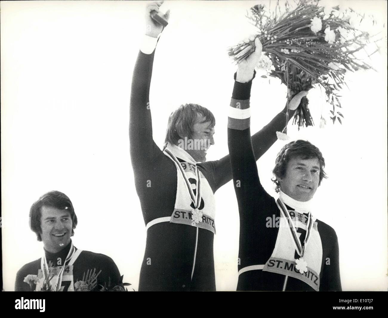 Feb. 02, 1974 - Austrian triumph in men's downhill race: St. Moritz, Switzerland: David Zwilling center first and Franz Klamma Stock Photo