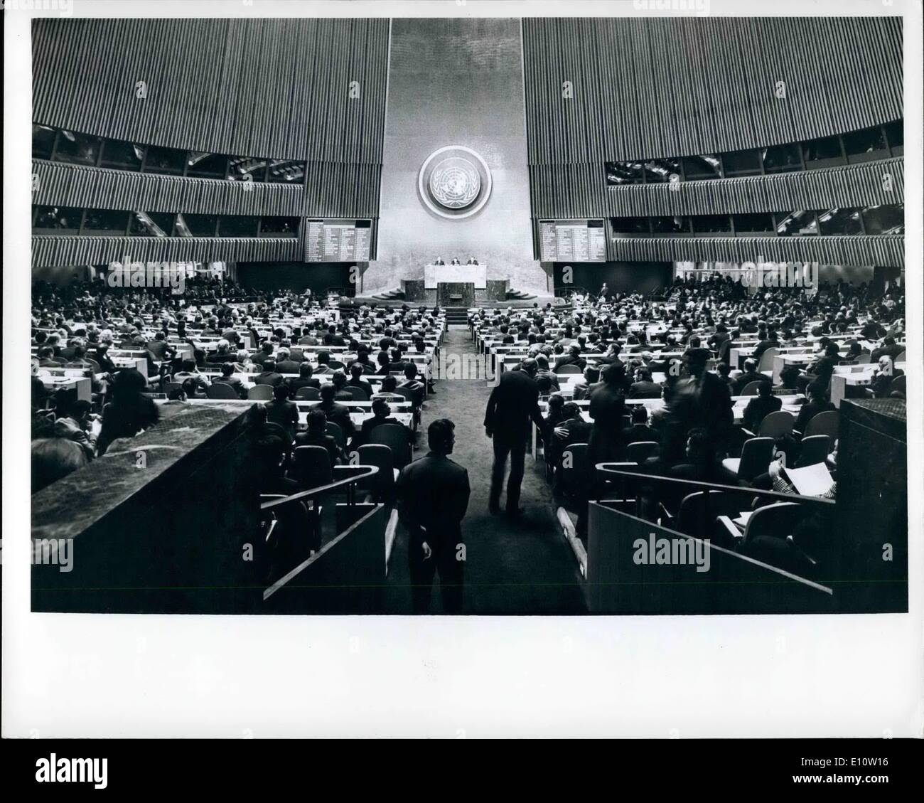 Apr. 04, 1974 - General Assembly Begins Special Session On Raw Materials and Development: The General Assembly this afternoon opened its sixth special session, which was called, at the request of Algeria, to study the problems of raw materials and development. Lopoldo Benites (Ecuador), President of the twenty-eight regular session of the Assembly, was elected by acclamation as President of the special session, and an Ad Hoc Committee was established. A general view of the meeting. Credit: United Nations Stock Photo