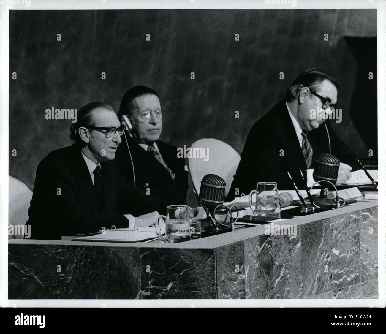 Apr. 04, 1974 - General Assembly begins special session of Raw Materials and development: The General Assembly this afternoon opened its sixth special session, which was called, at the request of Algeria, to study the problems of raw materials and development. Leopoldo Benites ( Exuador), President of the twenty eight regular session of the Assembly, was elected by acclamation as President of the special session, and an Ad Hoe Committee was established. Secretary General Kurt Waldheim addressing the Assembly Stock Photo