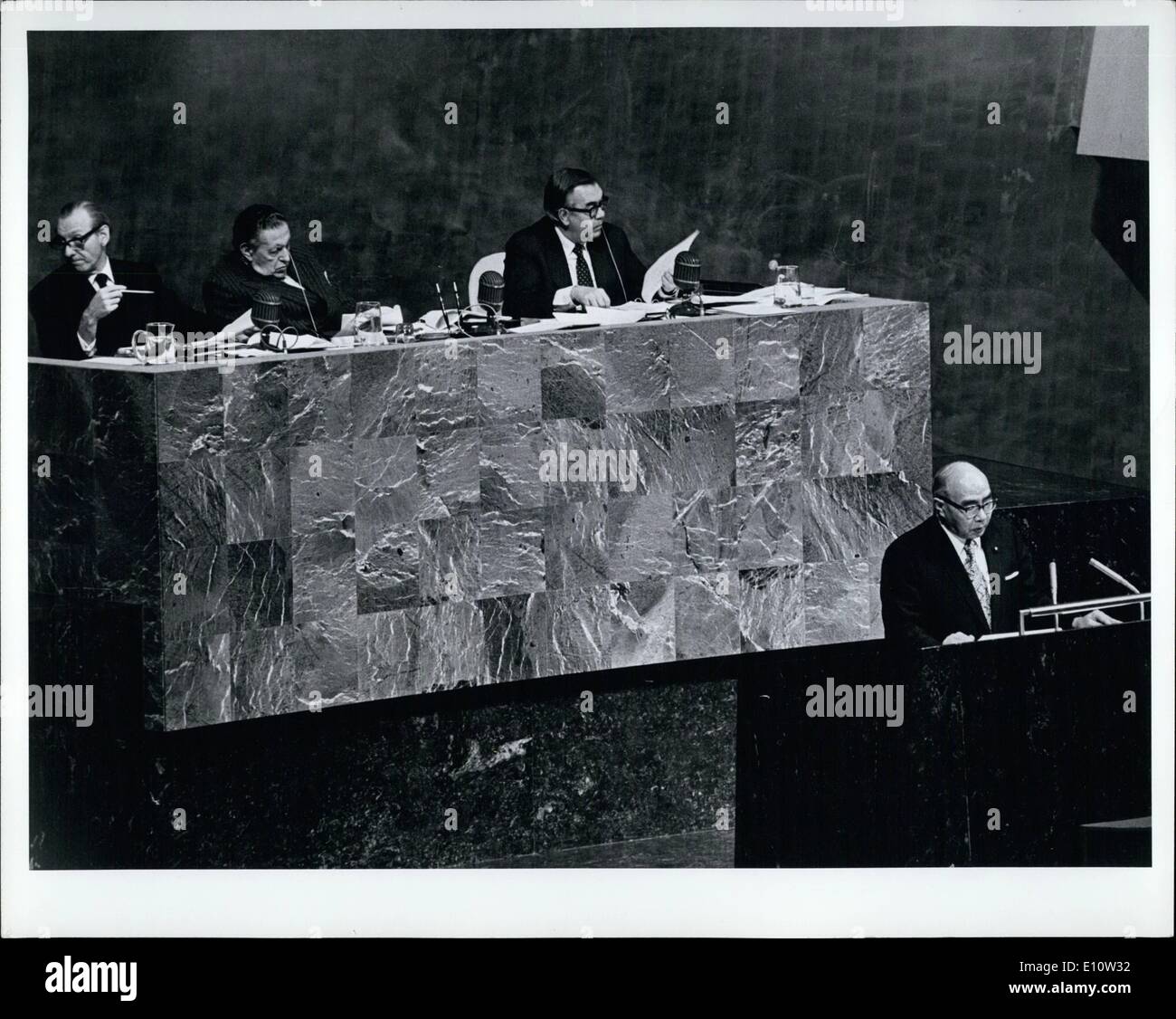 Apr. 04, 1974 - President of Gambia and seven other speakers address general assembly on problems of raw materials and development : The General Assembly continued this afternoon to hear policy statements from developed and developing countries on the problems of raw materials and development. The President of Gambia was the first speaker at the meeting, which was also addressed by the Foreign Ministers of Guina, Czechoslovakia, Canada, Zambia and Uruguay, the Trade Minister of New Zealand and a representative of Japan Stock Photo