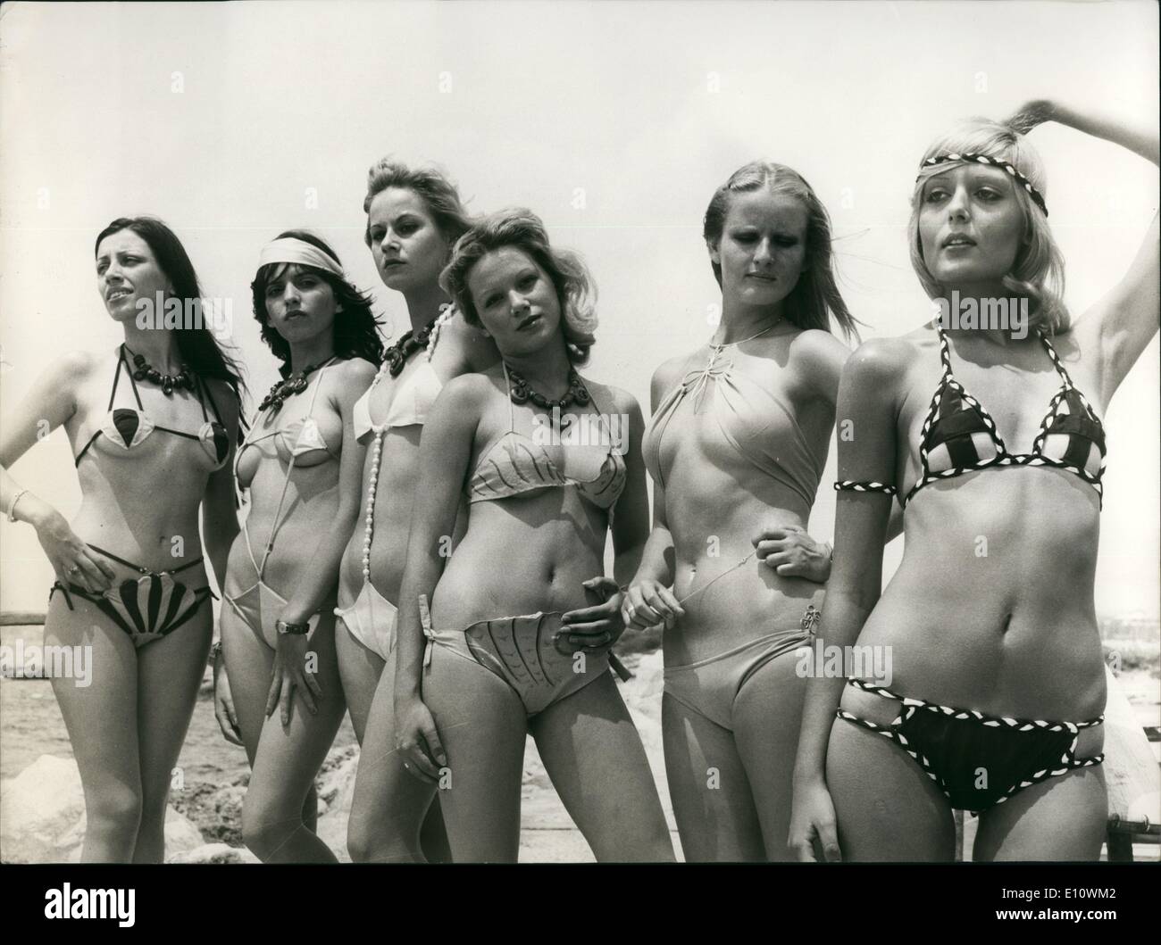 May 05, 1974 - The String is In. The Bikini? - well: Strung together with beads, ''shell'' patches, cording and neck loops in oddly geometric form, these Greek models were fished out of Aegean waters to show off what they call the Mermaid look - local version of the String which had its start on the beaches of Rio de Janeiro. The last word in sun and swim wear is swamping Greek beaches as the modern Aphrodite gradually forsakes the bikini. Stock Photo