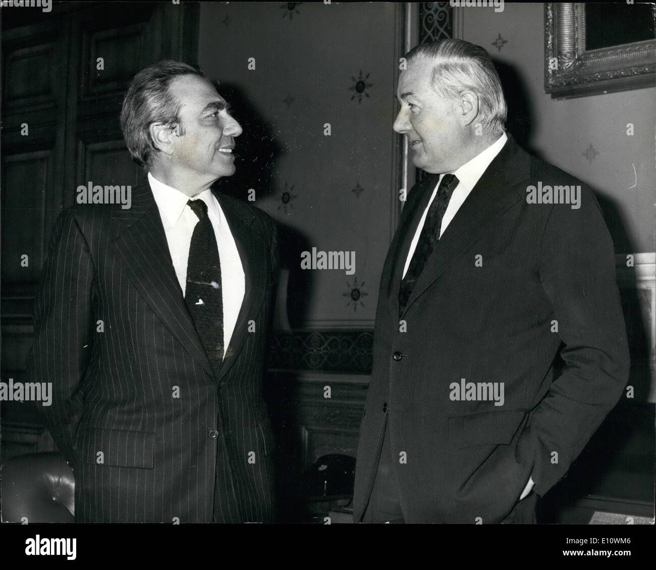 May 05, 1974 - President of the Common Market Commission sees Mr. Callaghan. Photo shows Francois Xavier Ortoli, President of the Common Market Commission, seen meeting Mr. James Callaghan, the Foreign Secretary, at No. 10 Downing Street today. Stock Photo