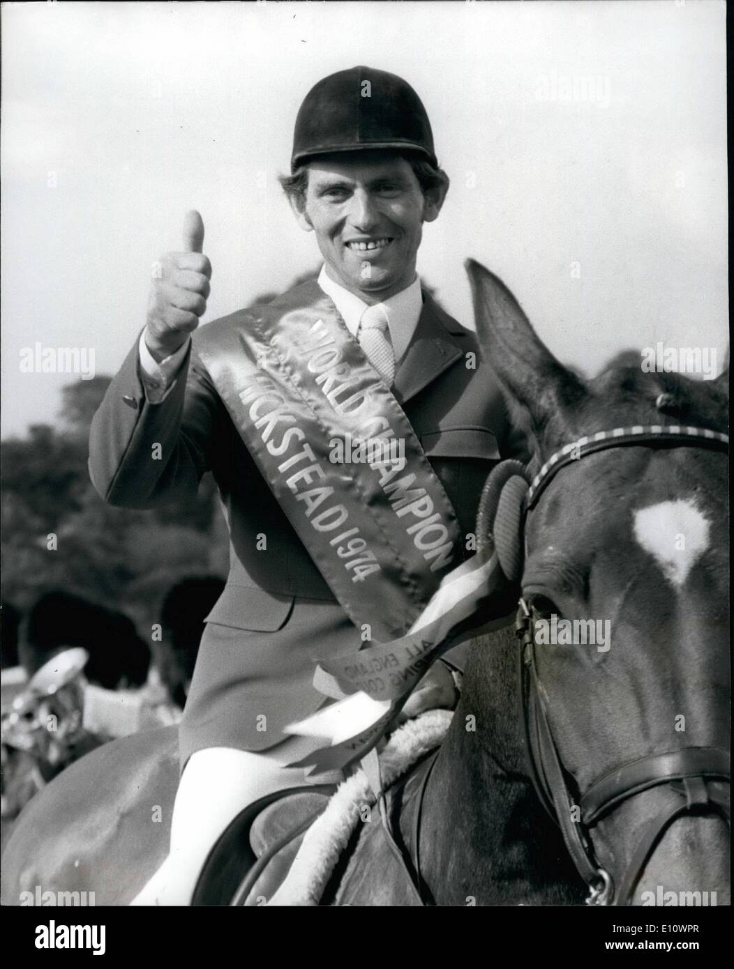 Jul. 07, 1974 - West Germany's Hartwig Steenken wins the World Show Jumping Championship at Hickstead: Hartwig Steeknek, of West Germany, won the World Show Jumping Championship at Hickstend yesterday on his grant more '' Simona '' Photo shows Germany's Hartwig Steenken seated on his mount Simouna and wearing his winning sash, given the thumbs-up sign after his great triump at Hickstead yesterday. Stock Photo