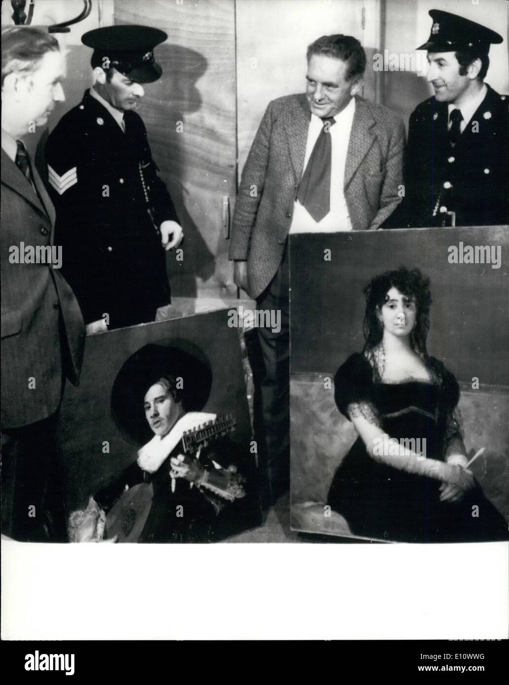 May 05, 1974 - Stolen paintings recovered: The 19 paintings, valued at more than &pound;8 million, which were stolen from the Eire home of millionaire Sir Alfred Beith ten days ago, have been recovered. The were found by the Eire police. Sgt. Patrick O'leary and P.C. William Creedon found the paintings at a cottage in the village of Glandore, West Cork on Saturday night. Photo shows (L to R) Supt. Tom Barrett, Sergeant Patrick O'Leary, Detective Jerry O'Sullivan and P.C. William Creedon pictured with two of the recovered paintings Stock Photo